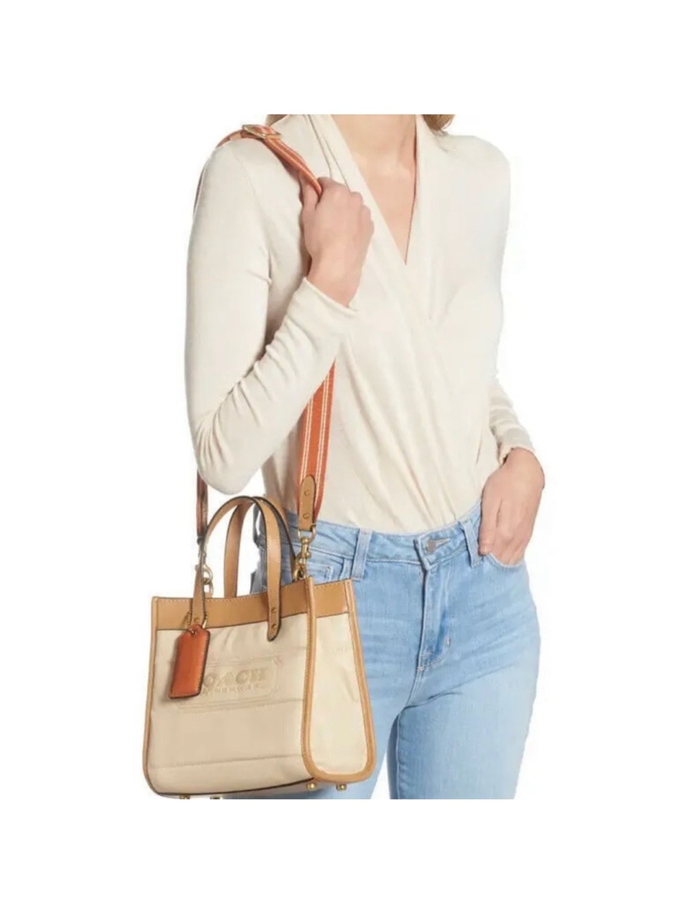 Coach Cream Canvas Tote with Tan Leather Trim